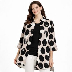 Red Coral Black Taupe Button Front Tunic Blouse Large Oversized Cotton Shirt